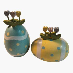 Department 56 Wooden Easter Eggs Polka Dot Flower Accent Blue Yellow Hand Painte